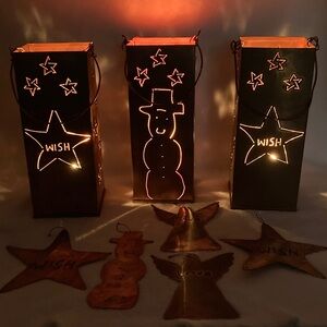 Forged Copper Rustic Star Wish & Snowman Lanterns w/ 5 Ornaments 9”